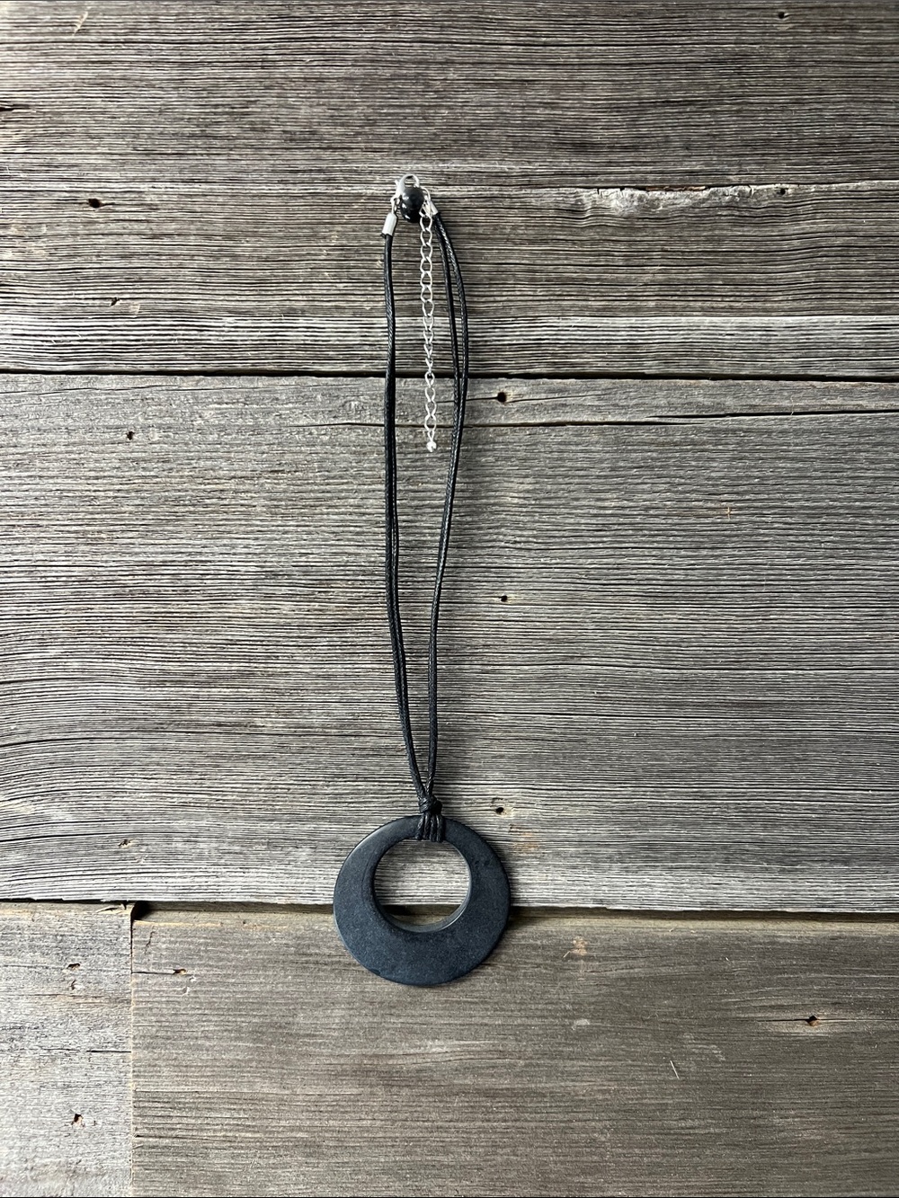 Jewelry: Black Wood Pendant on Leather Cord Necklace 90s/Y2K